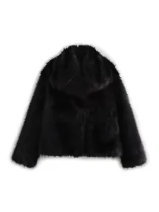 Elegant black faux fur plush jacket featuring a stylish large lapel collar and soft texture.
