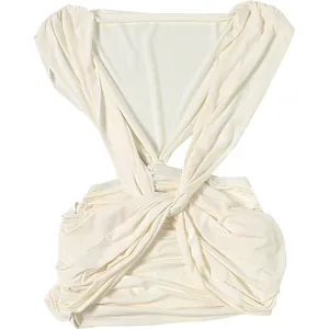 Detailed view of cream sexy deep V-neck ruched sleeveless slim fit mini dress for women