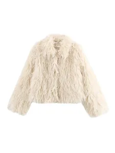Elegant cream-colored faux fur plush jacket with stylish lapel for autumn and winter wear