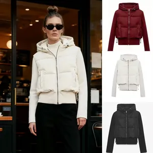 Women's stylish hooded patchwork padded jacket available in white, red, and black colors.