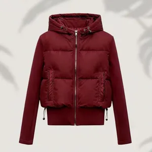 Front view of a maroon hooded hybrid puffer jacket with sleek sleeves for autumn.