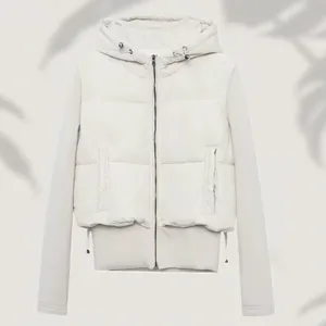 Minimalist white hooded hybrid puffer jacket with quilted body and sleek knit sleeves