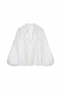 Elegant white French-style ruffled long-sleeve V-neck blouse with layered ruffle details.