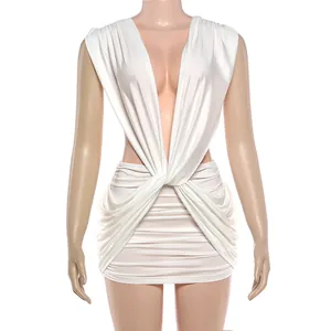 Detailed view of the deep V-neck and ruched waist on this white sleeveless bodycon dress
