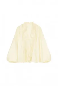 Elegant cream French style blouse with ruffled V-neck and pleated lantern sleeves details