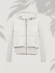 Women's white hooded quilted puffer jacket with slim fit spliced design for winter
