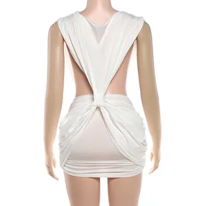 Detail view showing backless design of white ruched sleeveless bodycon mini dress