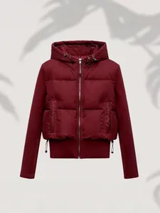 2025 autumn/winter European style hooded burgundy padded patchwork jacket for women