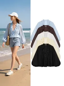 French Style Sweet Women V-Neck Ruffle Blouse Layered Decoration Lantern Long Sleeve Polyester Top Fashion Chic Solid Shirt