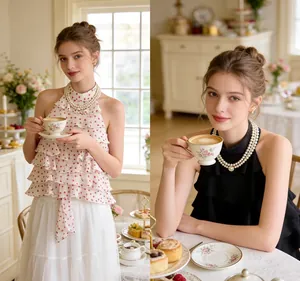 Detaillierte Ansicht des eleganten Neckholder-Tops mit Rüschen in Polka-Dot und Schwarz
