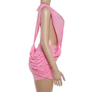 Side view of sexy pink deep V-neck ruched bodycon mini dress on mannequin display