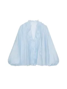 Elegant light blue French ruffled V-neck blouse with long lantern sleeves