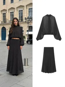 Damen Vintage Punktmuster Hemd Und Midi Rock Set Elegant Schleife Chiffon Gefühl Top Und Bottom Sommer Casual Fashion Zweiteiler Anzug
