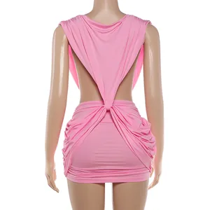 Detailed back view of a pink sexy ruched backless sleeveless bodycon mini dress