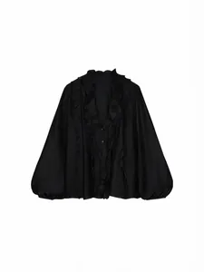 Elegant black French-style ruffled V-neck blouse featuring fashion lantern sleeves