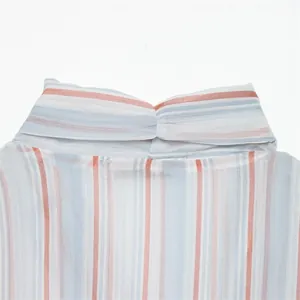 Primo piano del colletto a balze su camicetta in chiffon a righe trasparenti alla moda