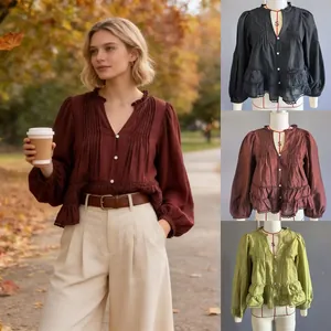 Elegante camicetta in pizzo a maniche lunghe in stile francese in vari colori autunnali