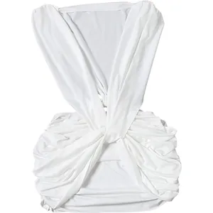 Detailed front view of sexy white deep V-neck sleeveless dress with ruched skirt