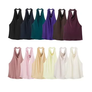 Elegant silk satin halter neck backless tops shown in various fashion colors for women