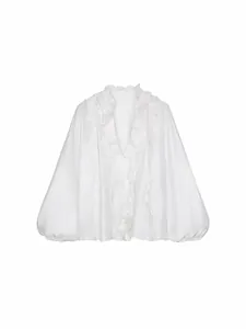 Elegant white French ruffled blouse with V-neck and long puff sleeves for women.
