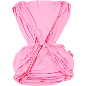 Close-up of pink sleeveless bodycon dress with elegant ruched details and front knot.