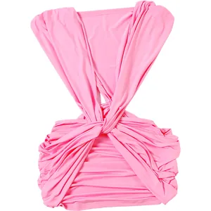 Close-up of pink deep V-neck ruched sleeveless dress with sexy slim fit design details