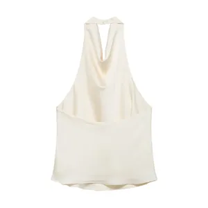 Elegant cream satin halter neck top featuring a sexy open back and draped design.
