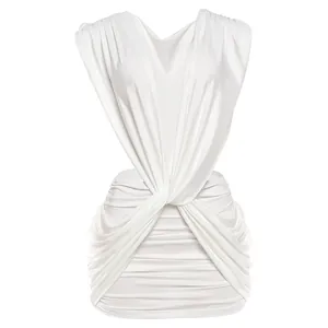 Detailed view of elegant deep V-neck and ruched texture on white sleeveless dress