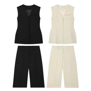 Women V-Neck Sleeveless Vest And High Waist Wide Leg Shorts Top And Bottom Solid Color Streetwear Summer Casual Outfits