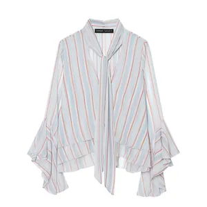 Camicetta da Donna a Righe con Volant e Fiocco al Collo Top a Maniche Lunghe Casual Semicoprente Camicia in Poliestere Elegante