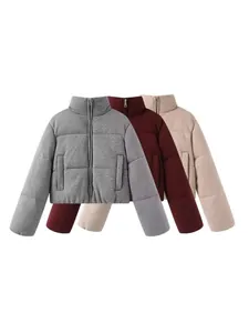 Dames Opstaande Kraag Gevoerde Pufferjas Breistructuur Warme Winterjas Lange Mouw Effen Kleur Rits Casual Dikke Bovenkleding