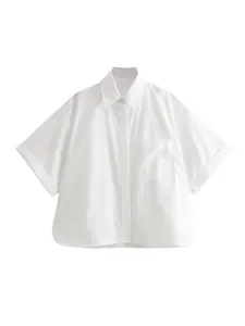 Camicia da Donna Casual in Poliestere con Revers Monopetto a Maniche Corte con Tasca a Righe Tinta Unita Top Blusa