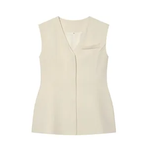 Minimalist cream sleeveless V-neck vest with hidden buttons and chest pocket detail