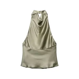 Detail view of a sexy satin halter neck backless top with draped cowl neckline.