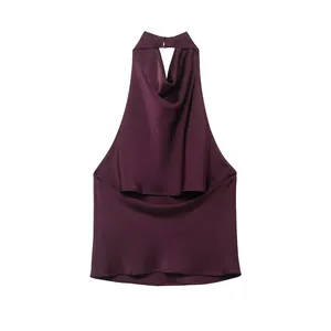 Elegant burgundy satin halter top with a sophisticated cowl back and silky texture detail