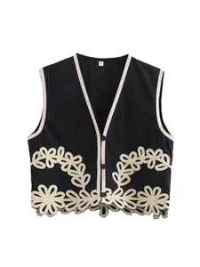 Top Gilet Ricamato Vintage da Donna Gonna Mini E Pantaloni a Gamba Larga In Poliestere Boho Floreale Abbigliamento per Donna