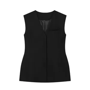 Detailed front view of a minimalist black women's vest featuring hidden button closure