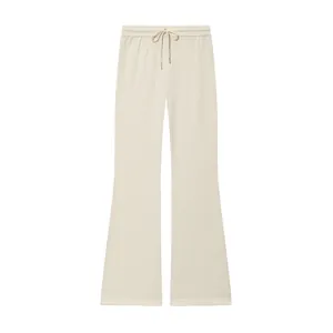 Detail view of the elegant off-white flared pants with a drawstring elastic waist