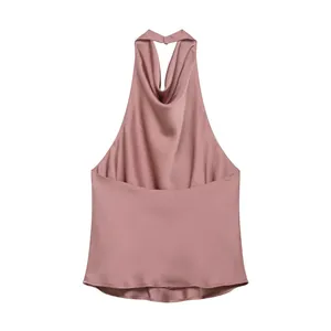 Elegant rose pink satin halter neck backless top with a draped cowl front detail for women.
