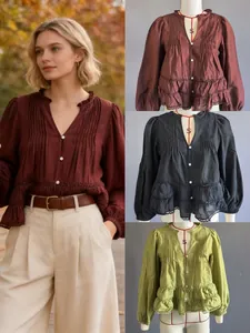 Camicetta a Maniche Lunghe con Volant in Pizzo Vintage Francese per Donna in Poliestere Ricamato Scollo a V a Pieghe Top Elegante