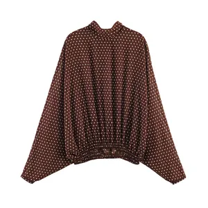 Brown polka dot long sleeve blouse with elegant high neck and gathered elastic waist