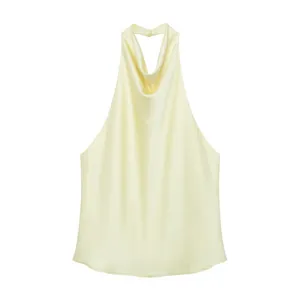 Elegant pale yellow silk satin halter neck top with sexy cowl neck detail for women