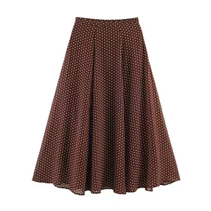Elegant high waist brown A-line midi skirt featuring a classic white polka dot pattern