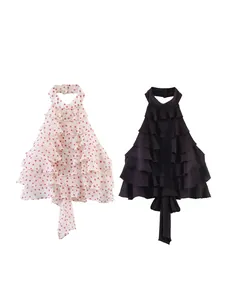 Elegantes Neckholder-Oberteil aus Georgette mit Rüschen, Polka Dots und in Schwarz