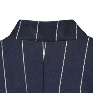 Close-up of navy blue pinstripe jacket collar showing fabric texture and stitching