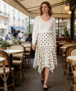 Elegante detalle del conjunto de falda midi de lunares y top de punto blanco en café