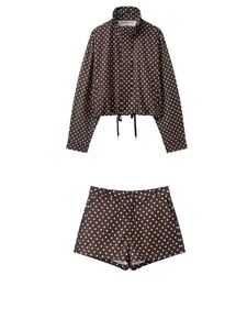 Fashionable brown polka dot two-piece set with drawstring cropped jacket and mini shorts
