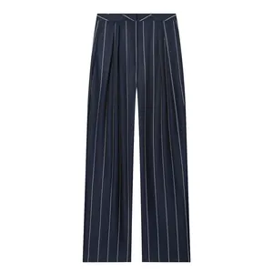 High-quality detailed view of navy blue striped straight-leg trousers with elegant pleats
