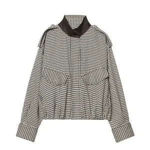 Stylish retro gingham bomber jacket with high collar and shoulder epaulettes detail