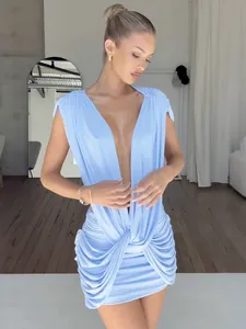 Women Sexy Deep V Neck Sleeveless Ruched Mini Dress Solid Color Bodycon Backless Twist Party Club Dress